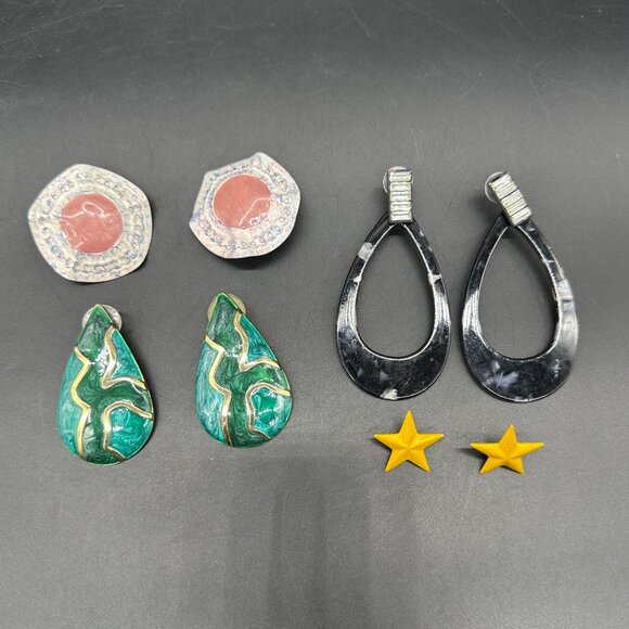 Vintage 1980s Earrings Lot Black Teardrop Green Wave Pink Geometric Yellow Star - Picture 2 of 8